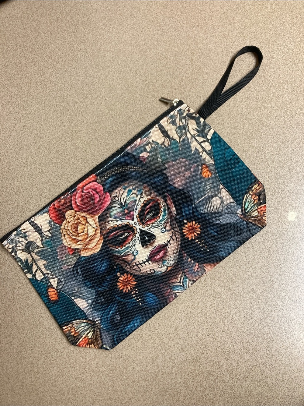 Floral Sugar Skull Wristlet Pouch - Teal & Multicolor